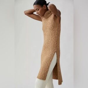 Anthropologie Turtleneck Sleeveless Sweater Tan Knit Tunic High Slits Size XS